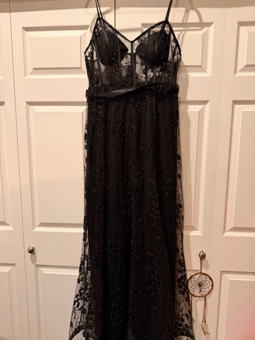 Sheer Floral Embroidered Black Maxi Dress with Spaghetti Straps